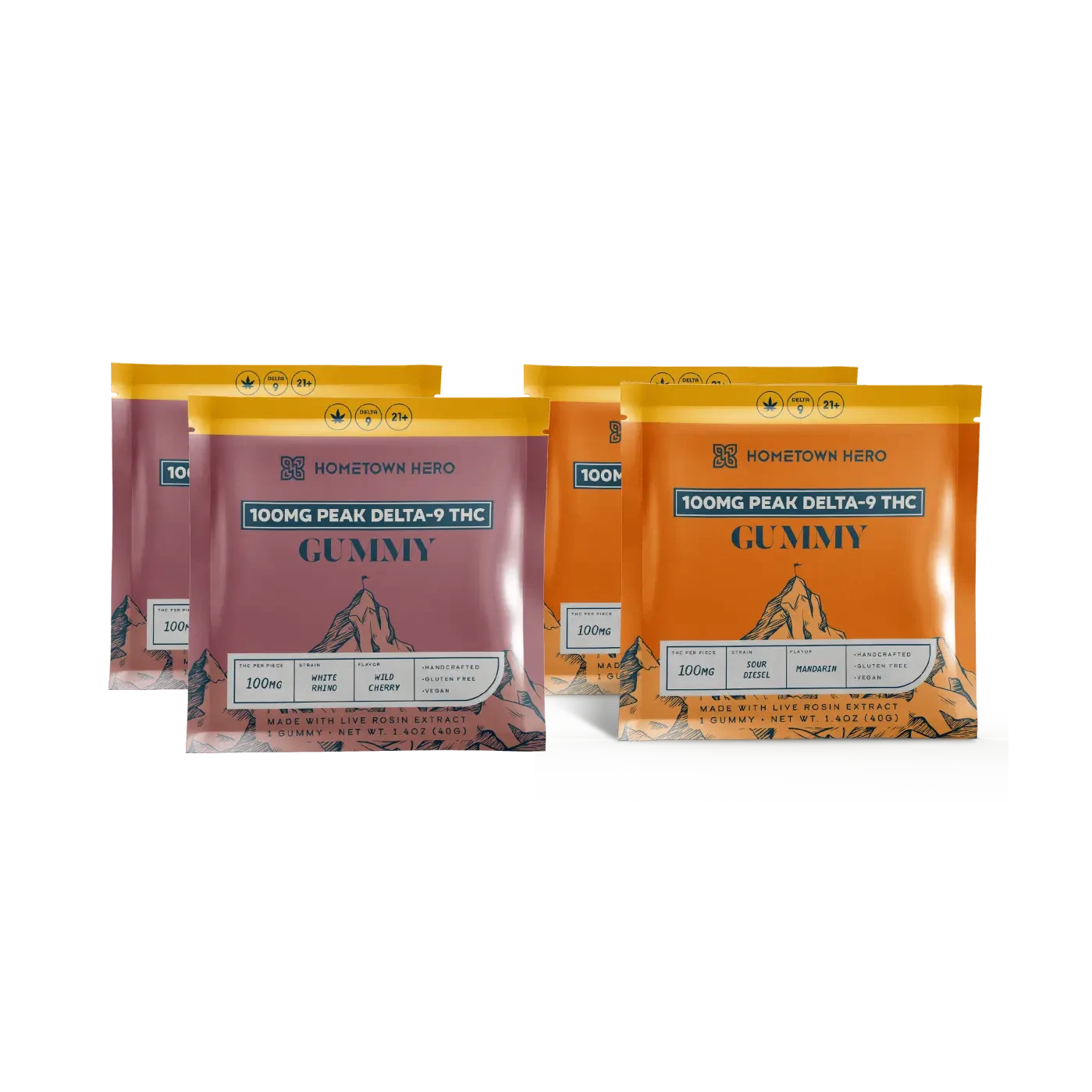 2 bags of Wild Cherry 100mg gummies and 2 bags of Mandarin 100mg Gummies