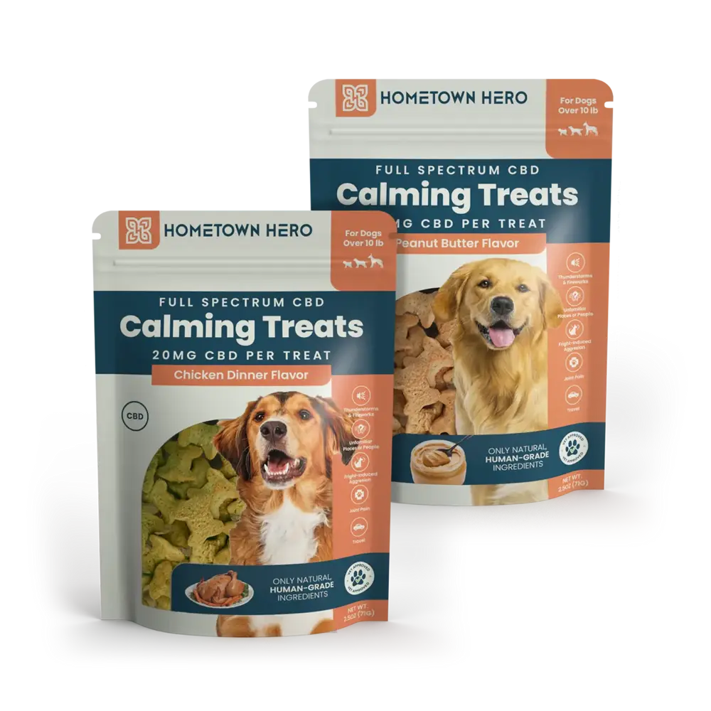2 bags of calming pet treats with cbd in 2 flavors