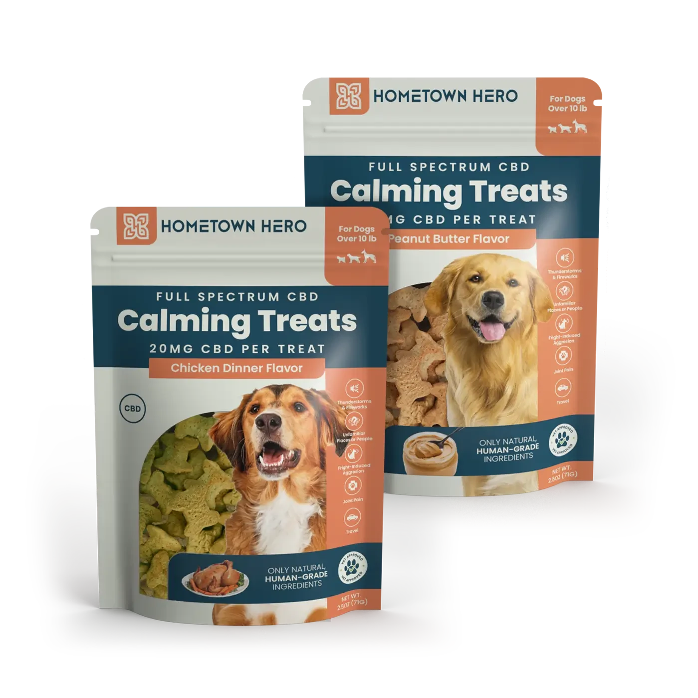 2 bags of calming pet treats with cbd in 2 flavors