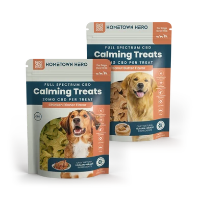 2 bags of calming pet treats with cbd in 2 flavors