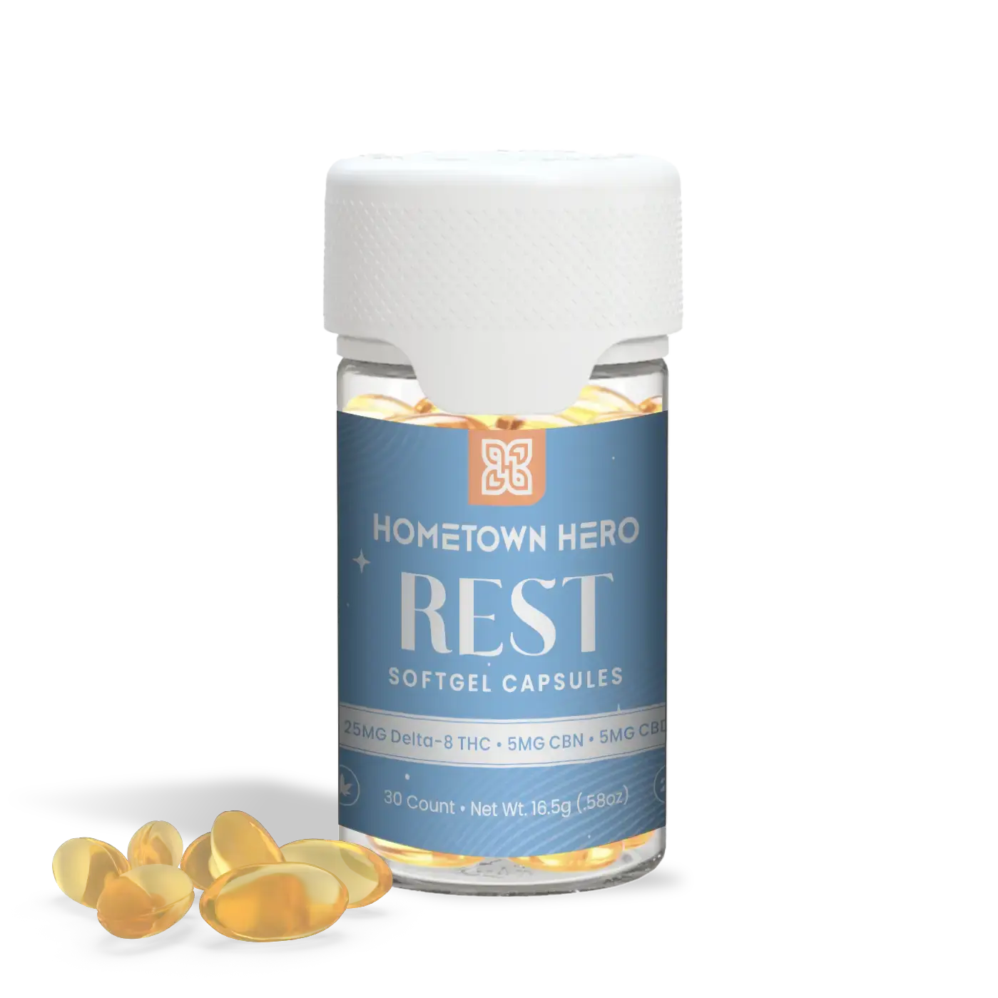 yellow softgel 25mg capsules in a bottle and loose