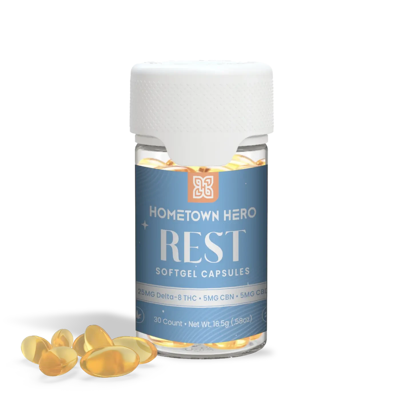 yellow softgel 25mg capsules in a bottle and loose