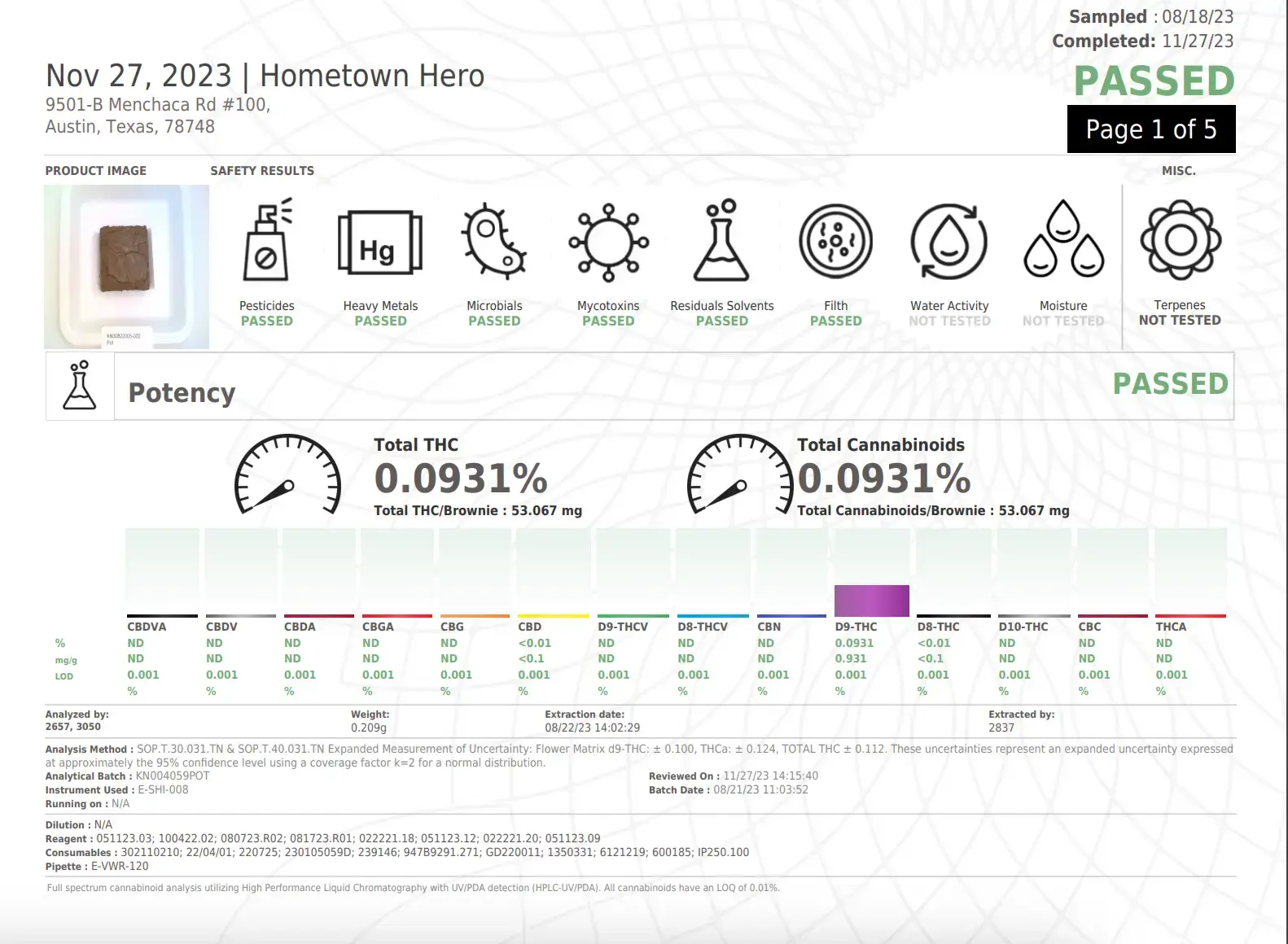 screenshot of a recent COA for live rosin taffy