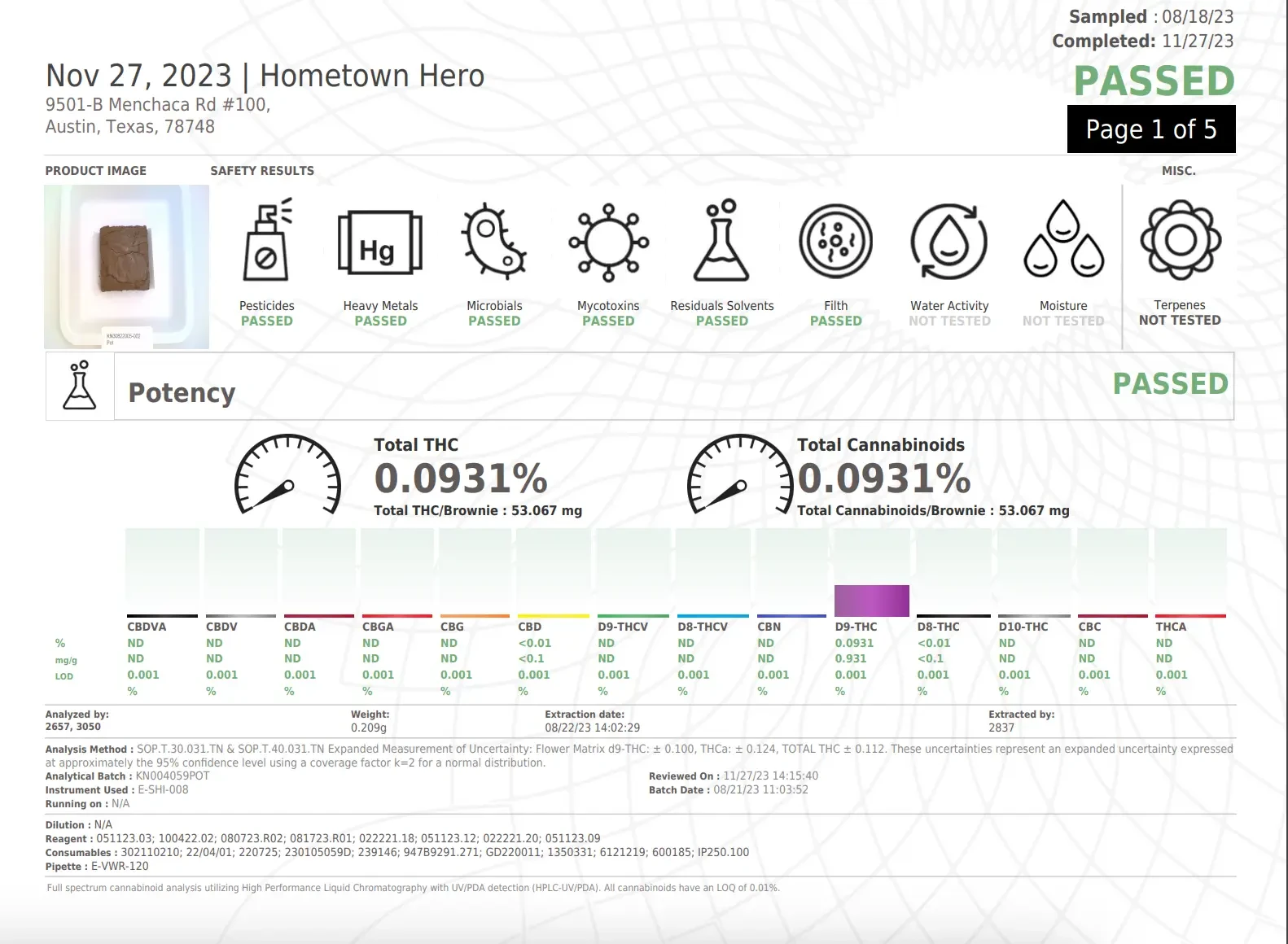 screenshot of a recent COA for live rosin taffy