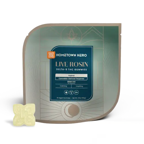 Hybrid Live Rosin Gummies packaging with gummy