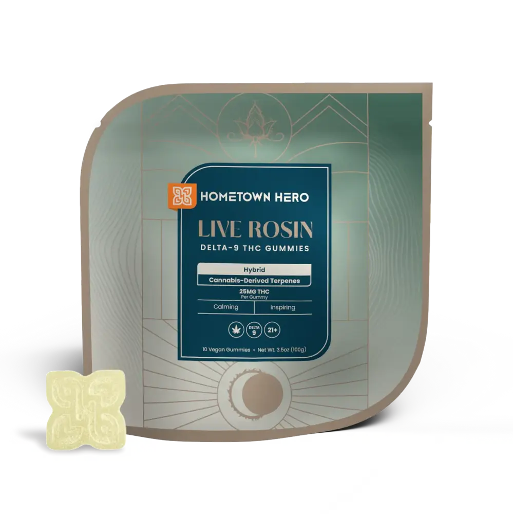 Hybrid Live Rosin Gummies packaging with gummy