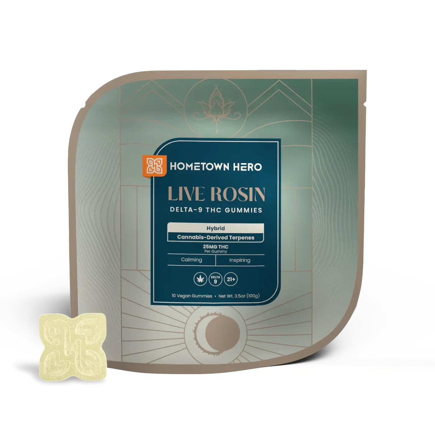 Hybrid Live Rosin Gummies packaging with gummy