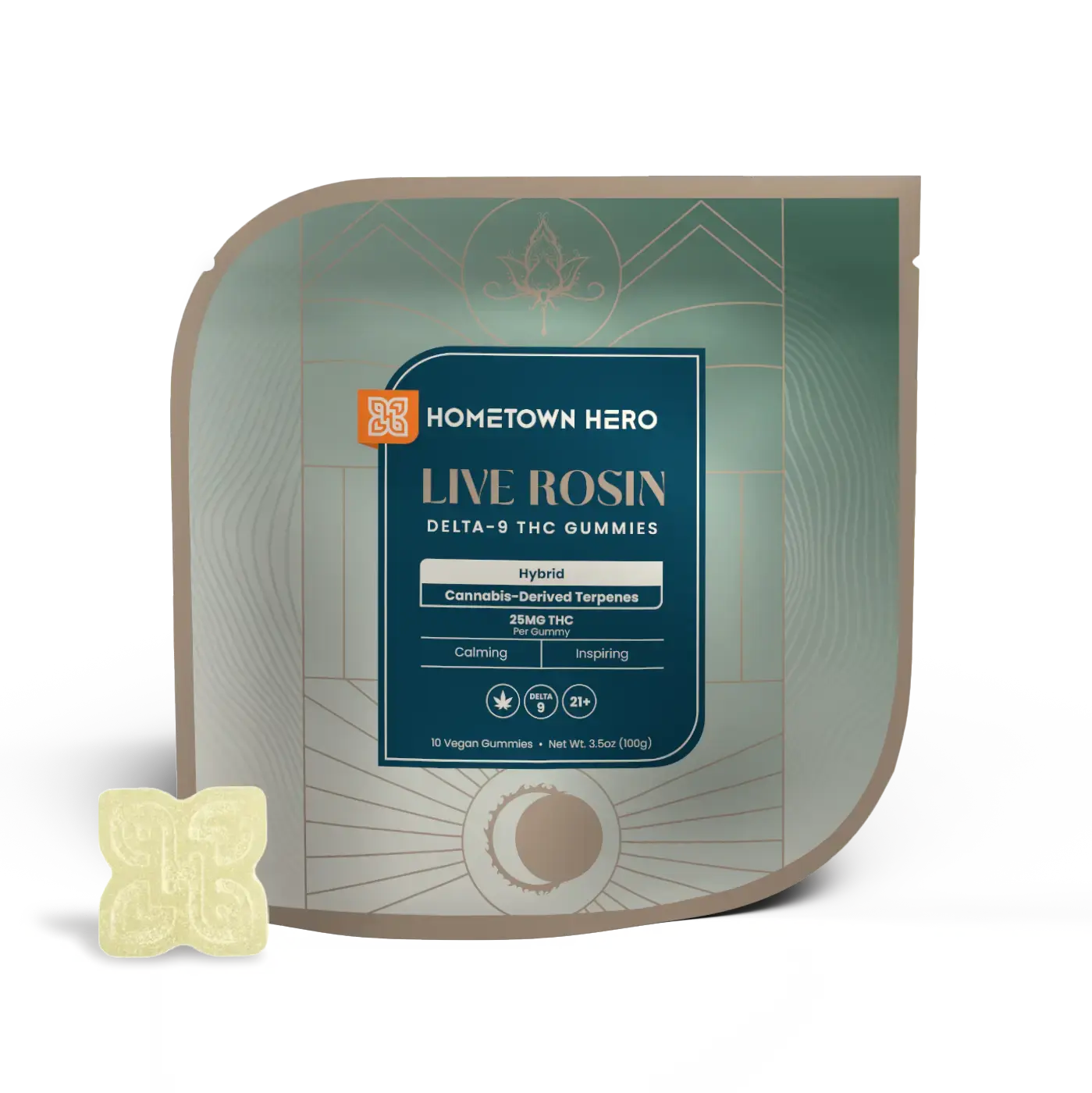 Hybrid Live Rosin Gummies packaging with gummy