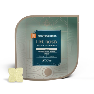 Hybrid Live Rosin Gummies packaging with gummy