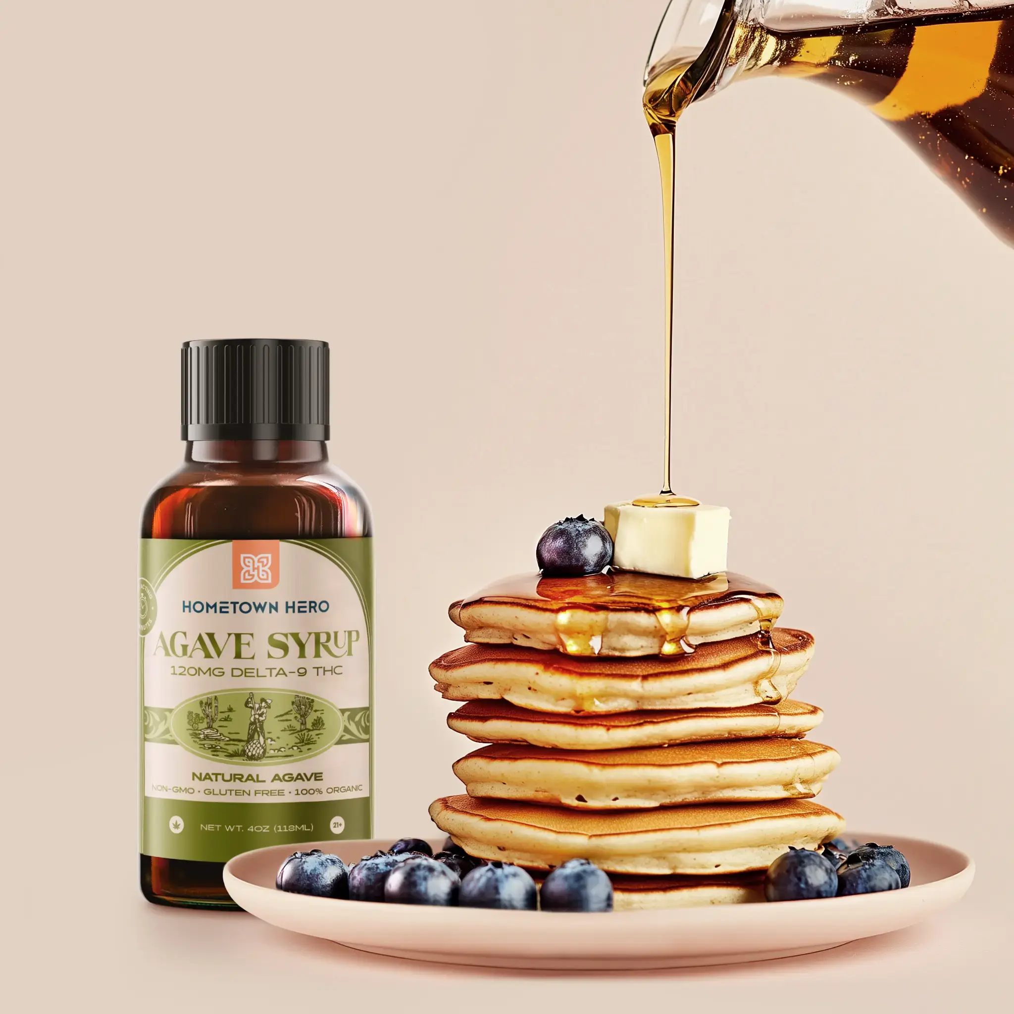 agave THC syrup poured over a stack of pancakes