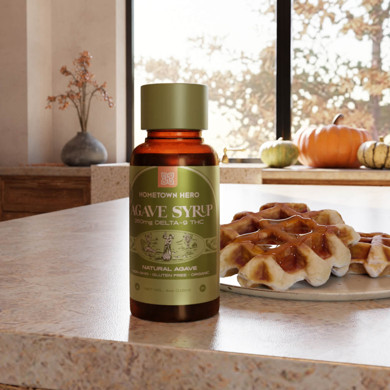 agave bottle next to waffles