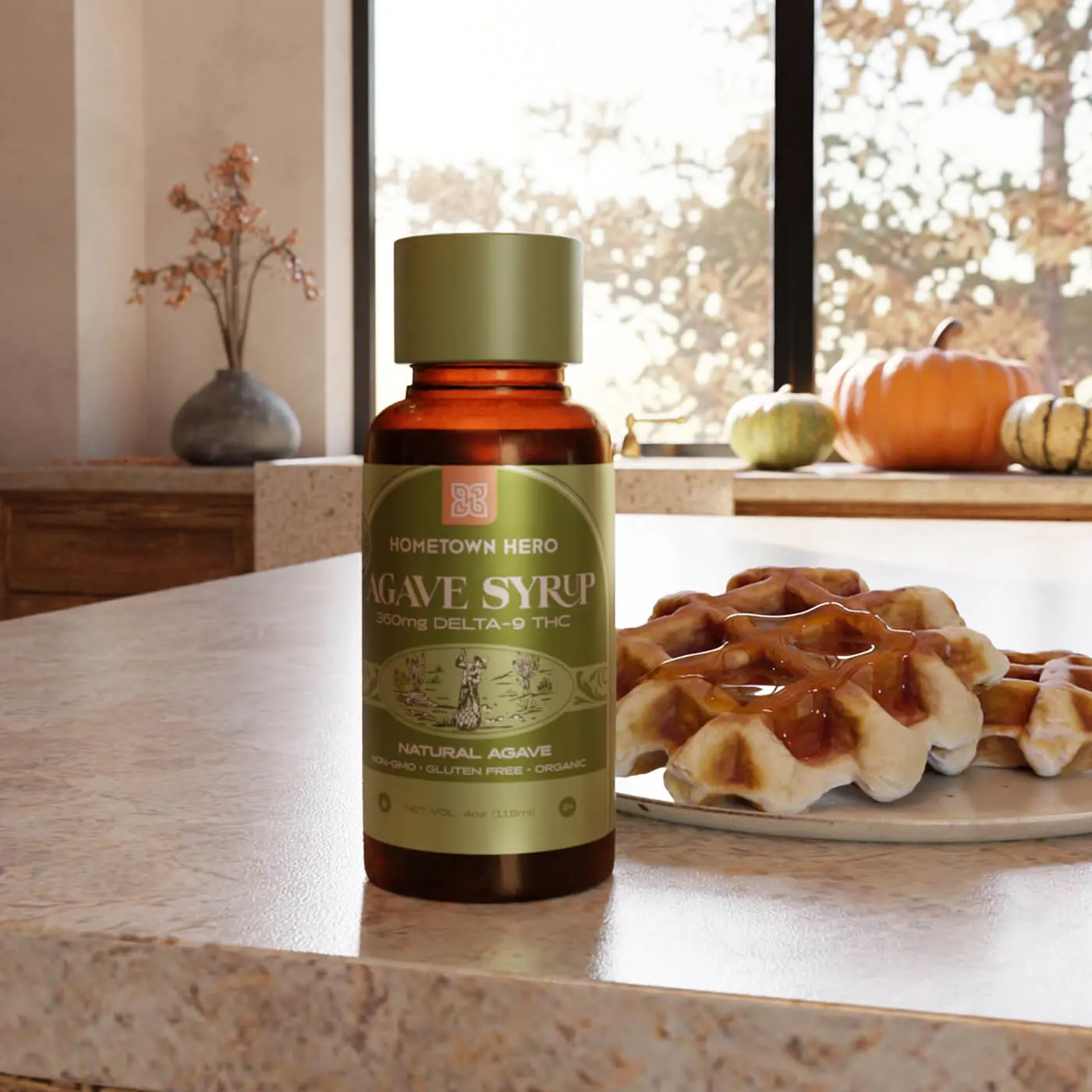agave bottle next to waffles