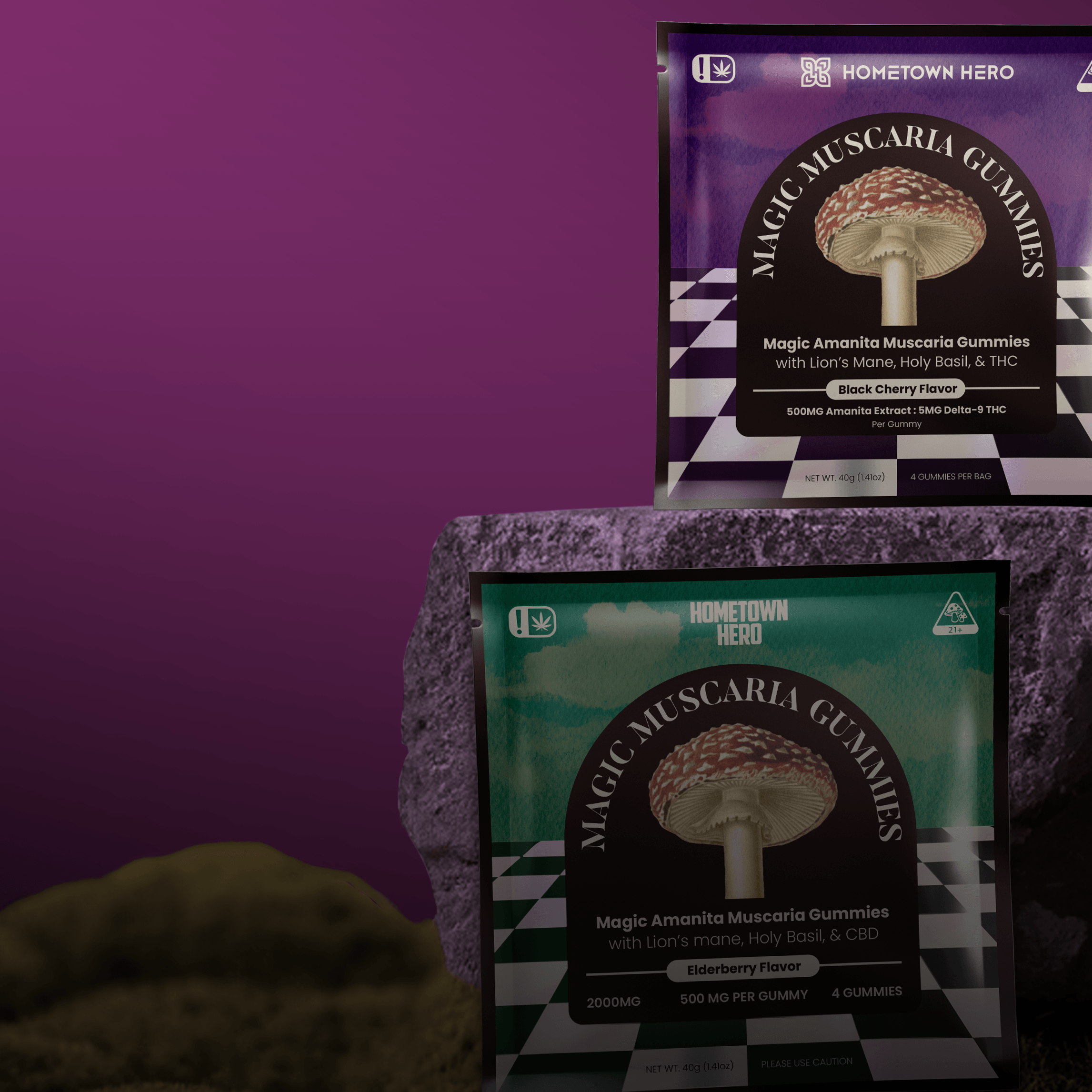 bags of mushroom gummies on bg