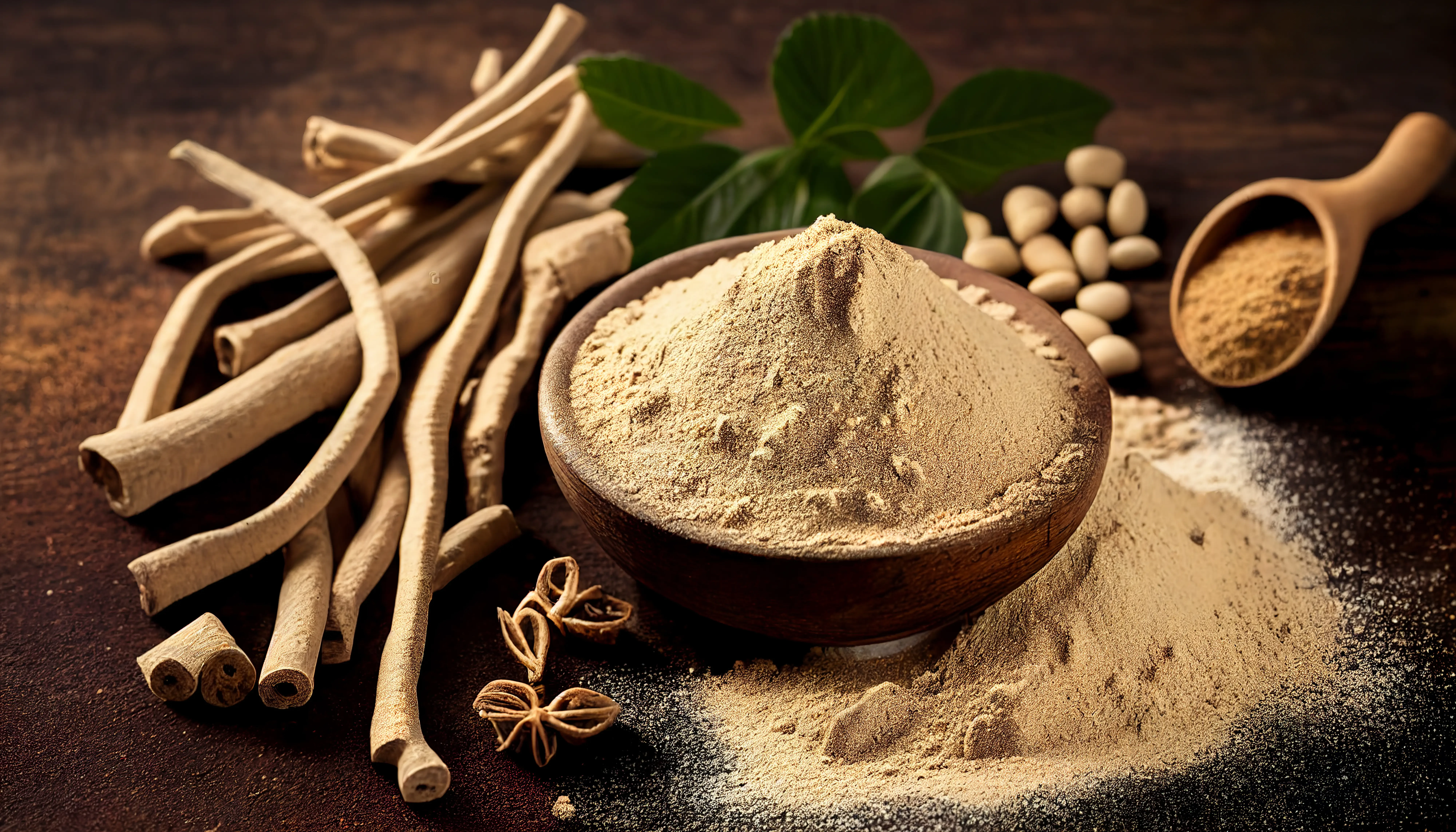 bowl of ashwagandha, ashwagandha supplements, and powder