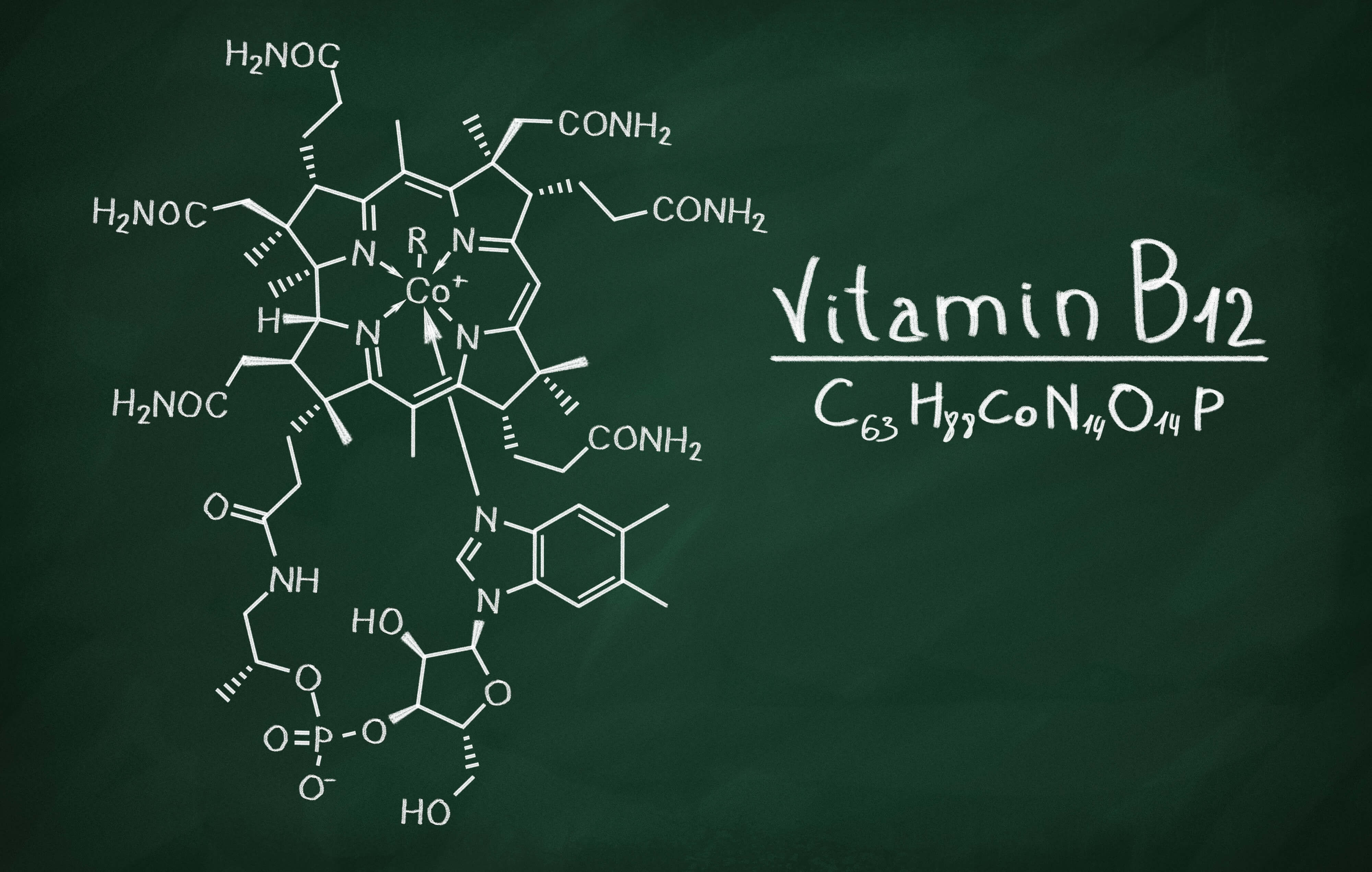 vitamin b12 formula written out on a chalkboard