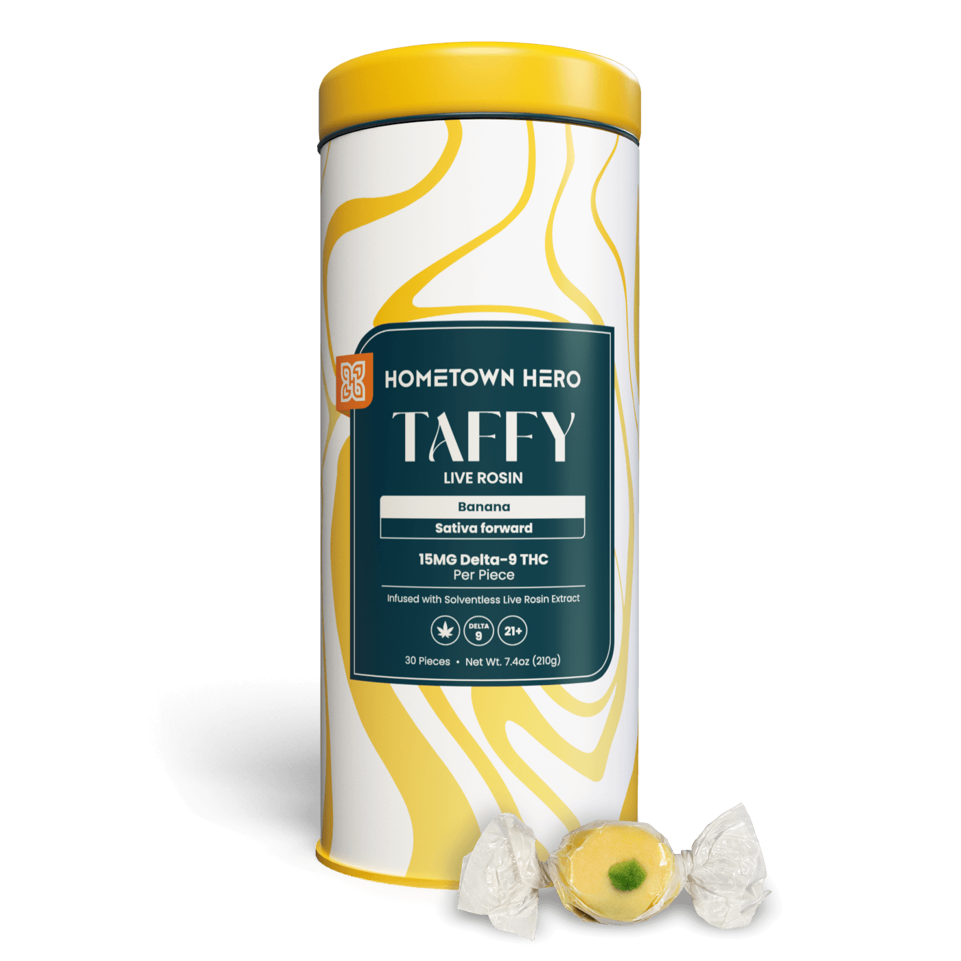 Banana flavored taffy and tall metal tin