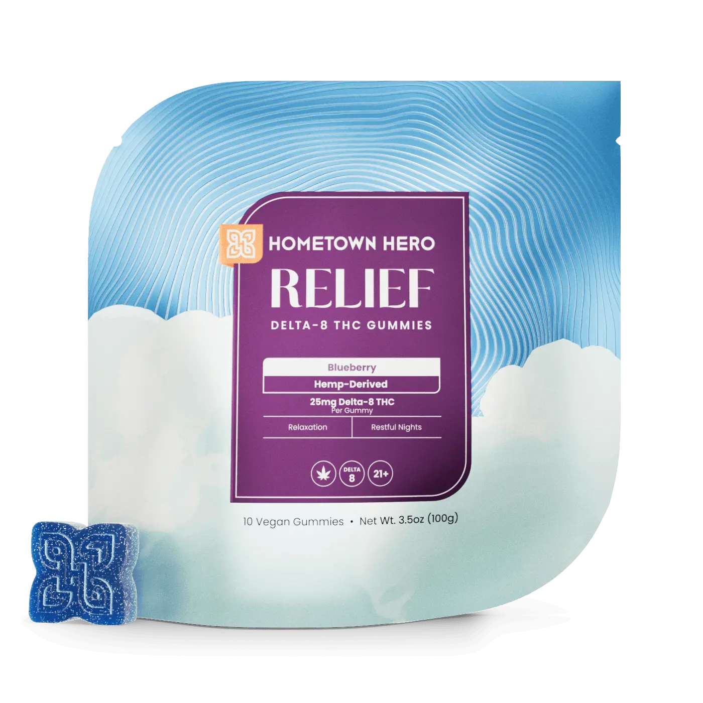 Blueberry-flavored 25mg Delta-8 gummy bag and gummy