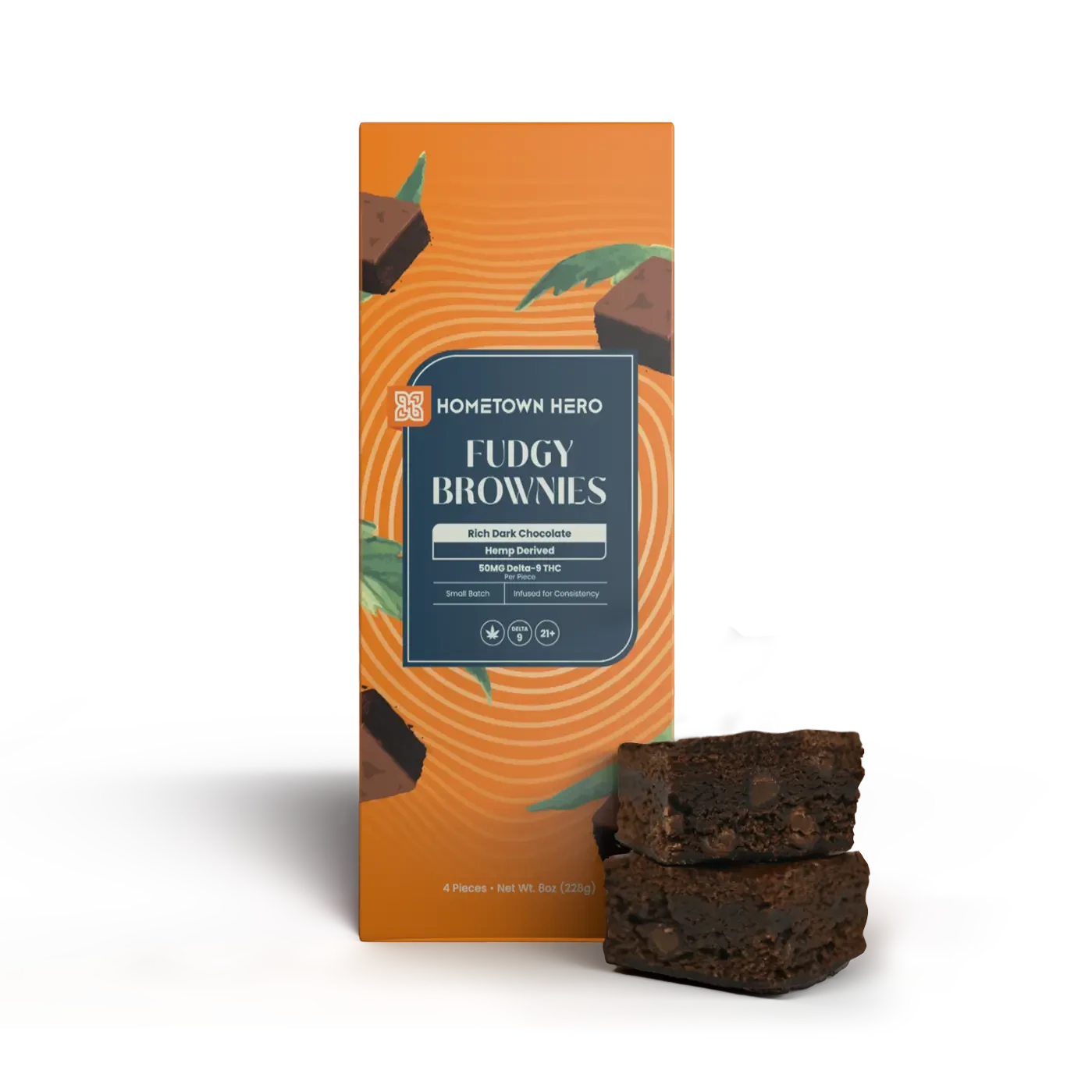 fudgy edible brownies stacked beside box