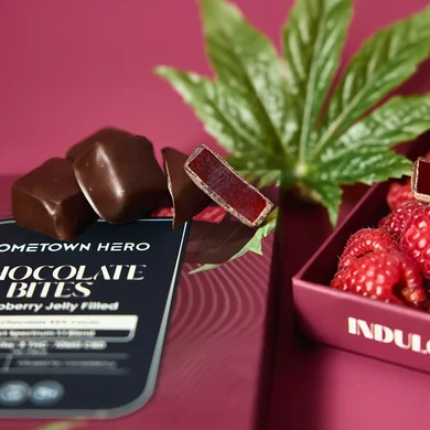 raspberry jelly-filled chocolates and a cannabis leaf