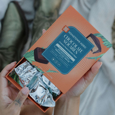 box of chocolate squares close up