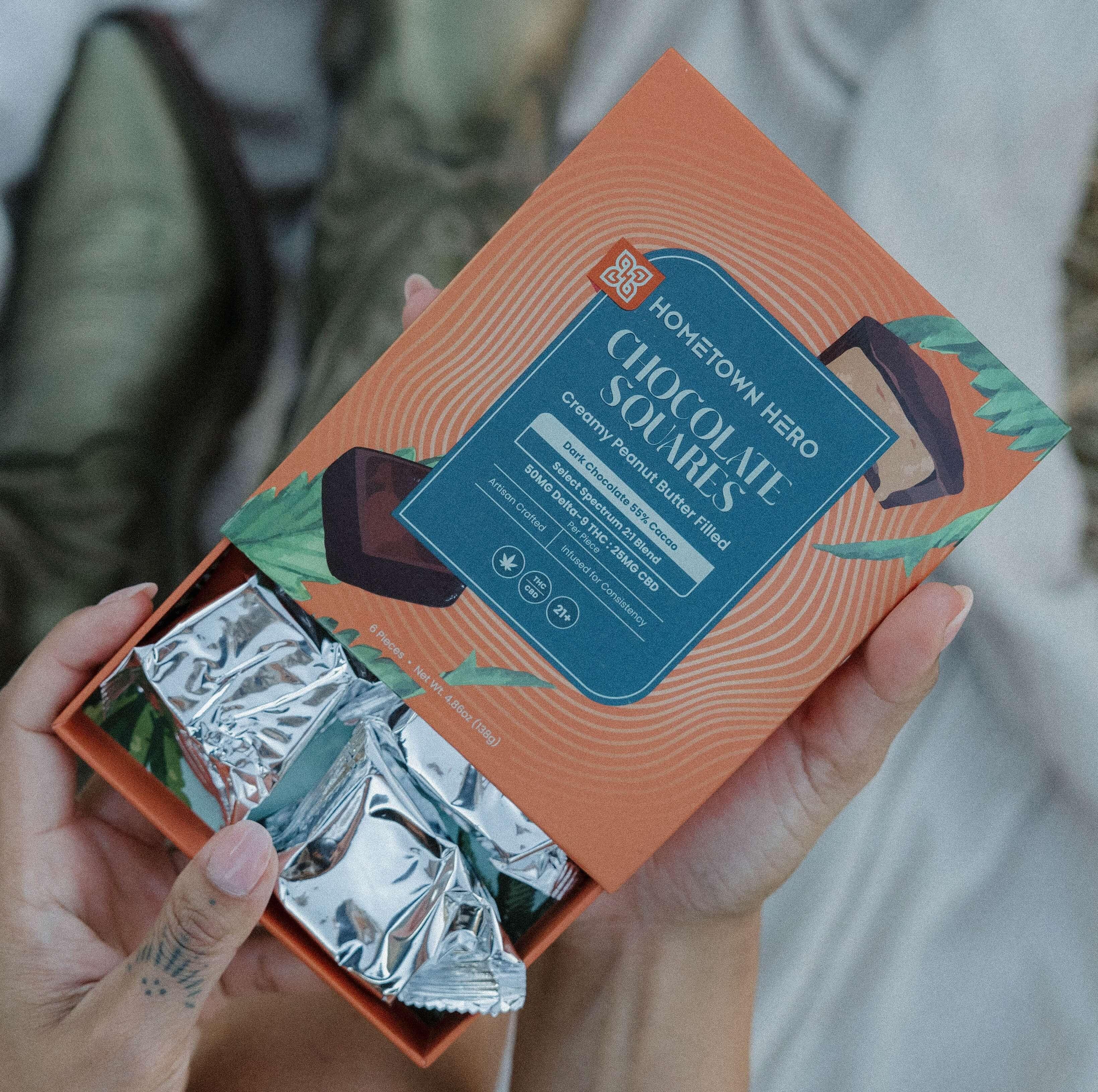 box of chocolate squares close up