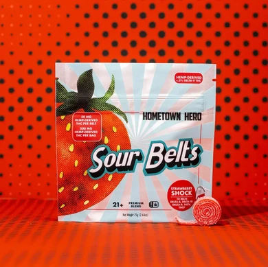Strawberry Sour Belts candy and package