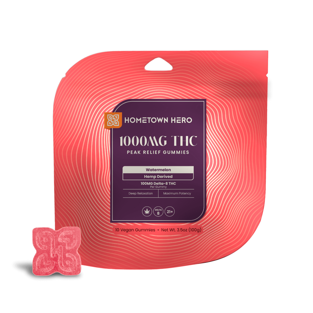 delta 8 gummy bag and red gummy in front