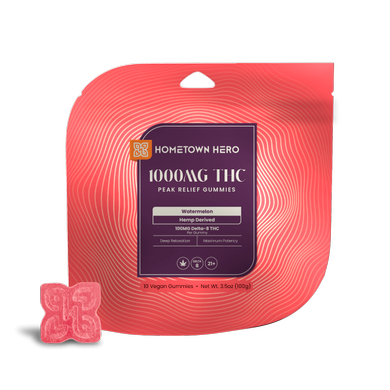 delta 8 gummy bag and red gummy in front