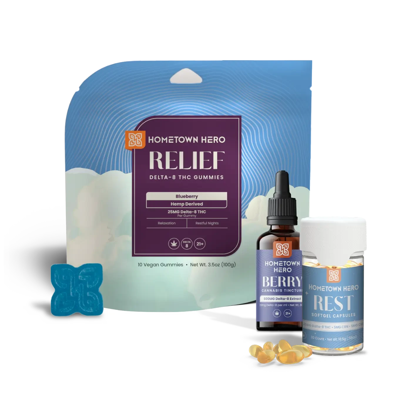 Various THC products for relief: Delta-8 Tincture, Delta-8 Capsules, Delta-8 gummies