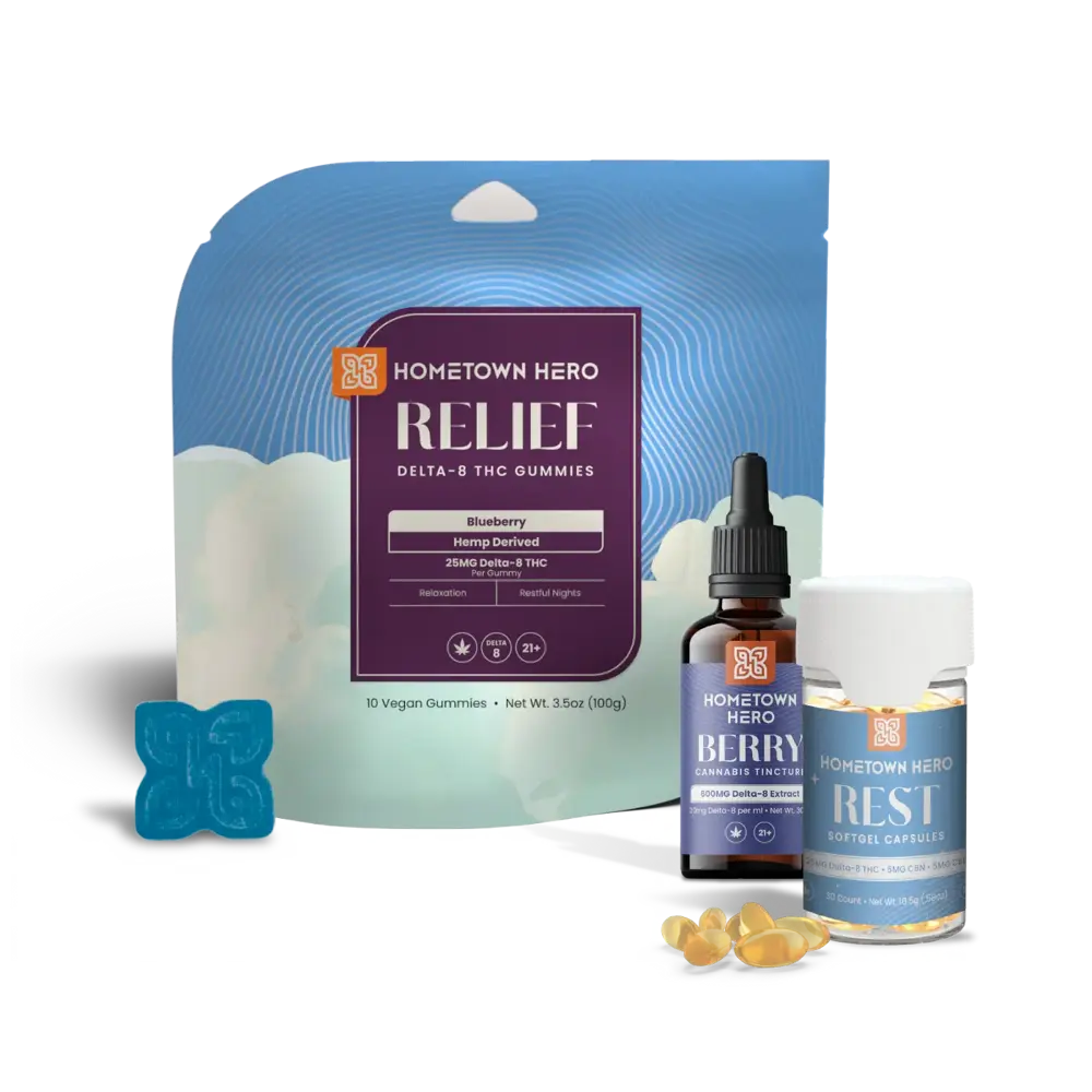 Various THC products for relief: Delta-8 Tincture, Delta-8 Capsules, Delta-8 gummies