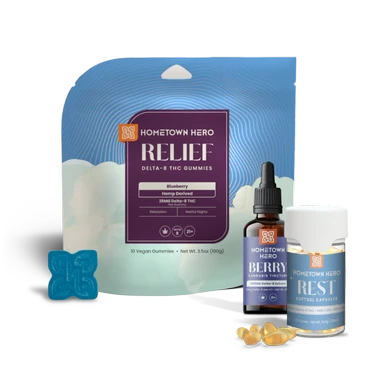 Various THC products for relief: Delta-8 Tincture, Delta-8 Capsules, Delta-8 gummies
