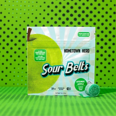 Atomic Apple Sour Belts package and candy