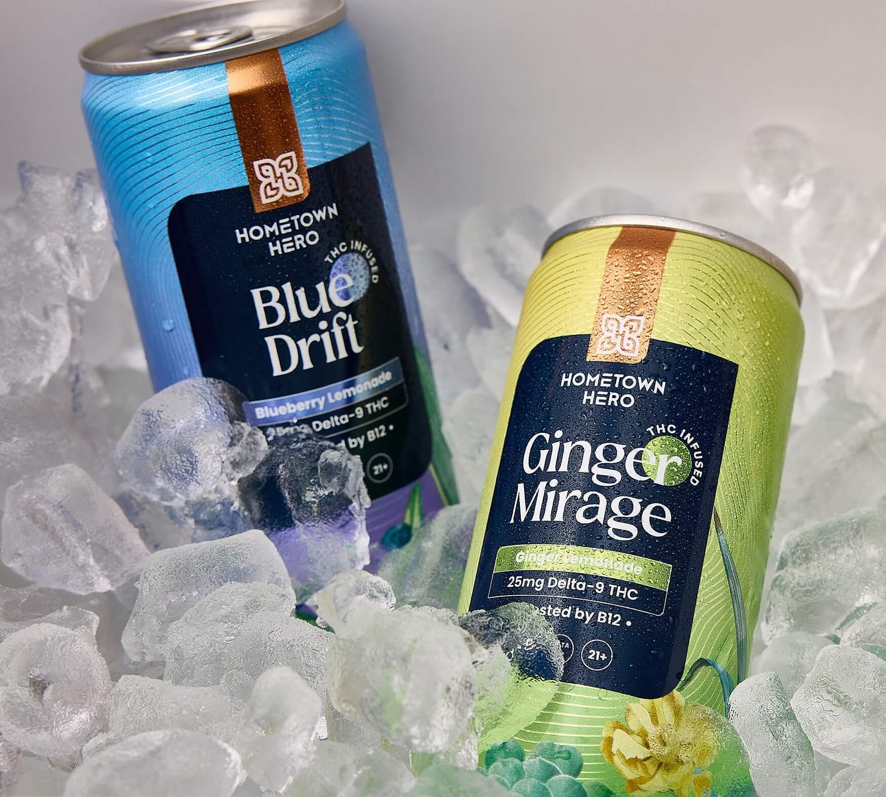 two cans of lemonade in an ice cooler