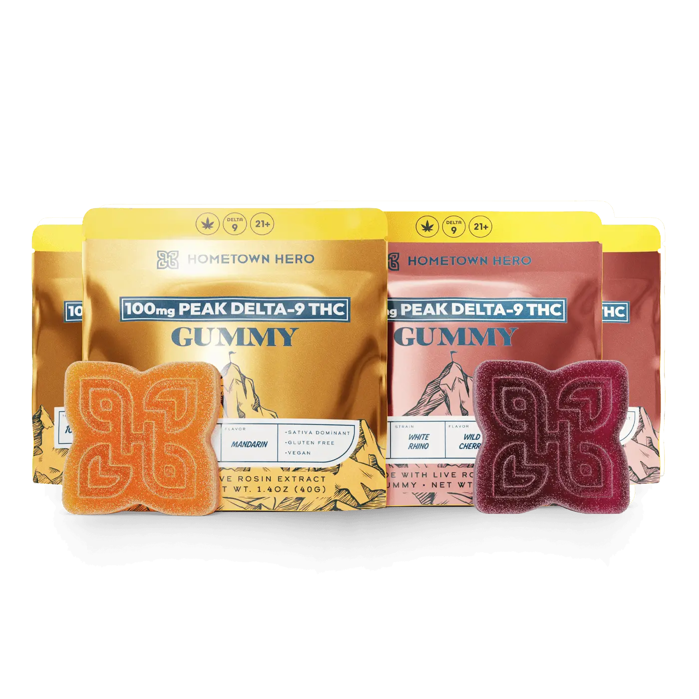 2 bags of Wild Cherry 100mg gummies and 2 bags of Mandarin 100mg Gummies