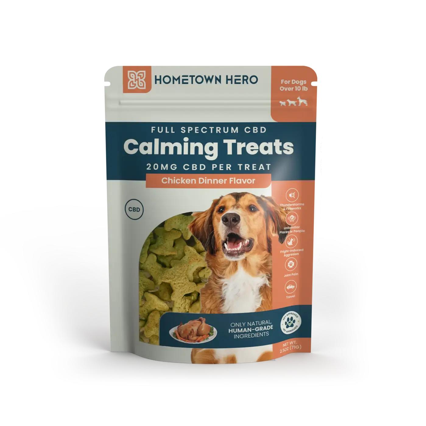 bag of full spectrum CBD dog treats in chicken dinner flavor