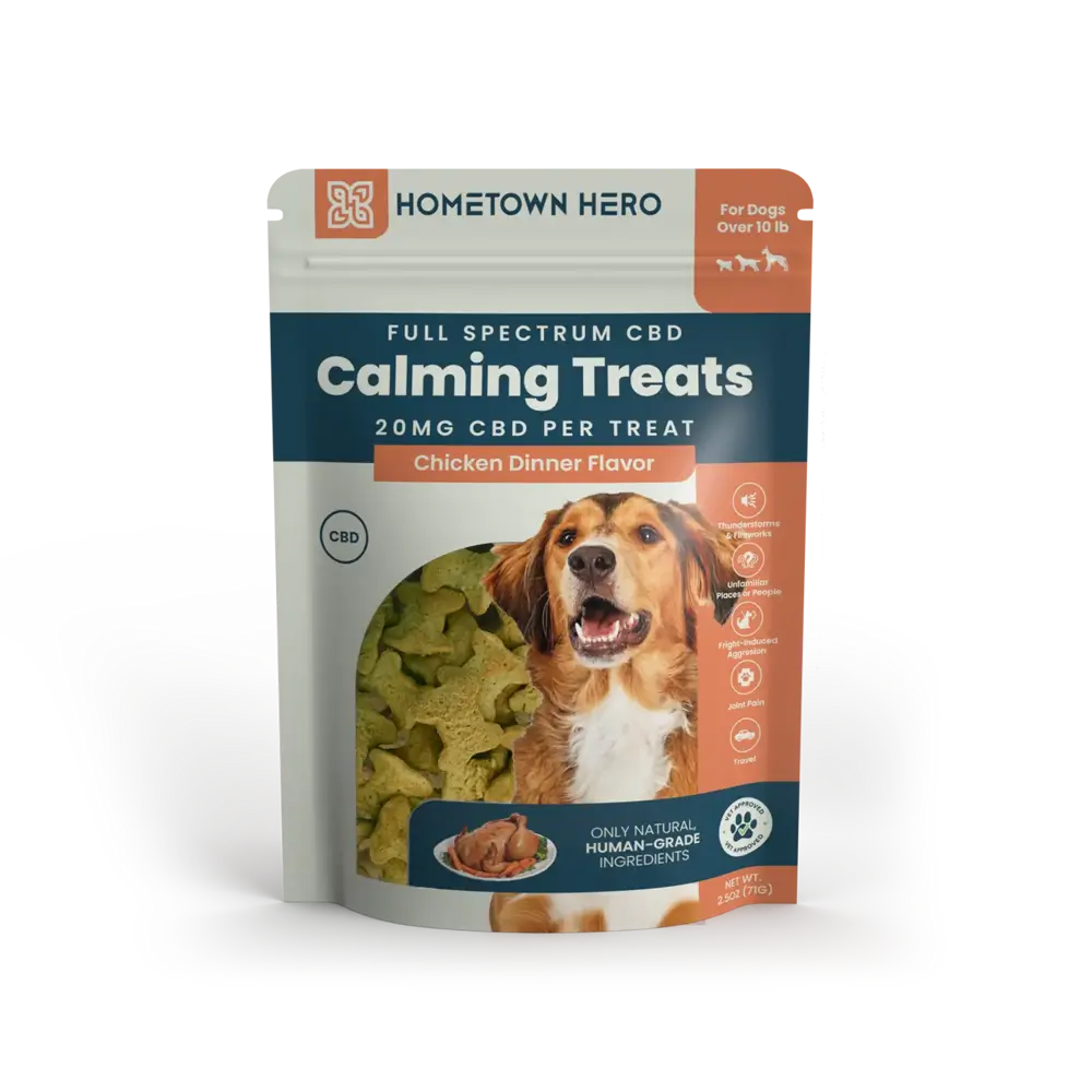 bag of full spectrum CBD dog treats in chicken dinner flavor