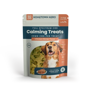 bag of full spectrum CBD dog treats in chicken dinner flavor