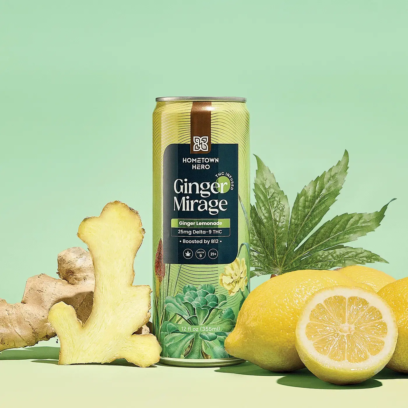 Ginger-flavored can of Delta-9 lemonade with fruits around