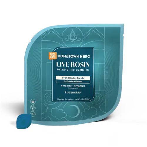 Pack of Blueberry Grand Daddy Purple Indica Live Rosin Gummies with CBD