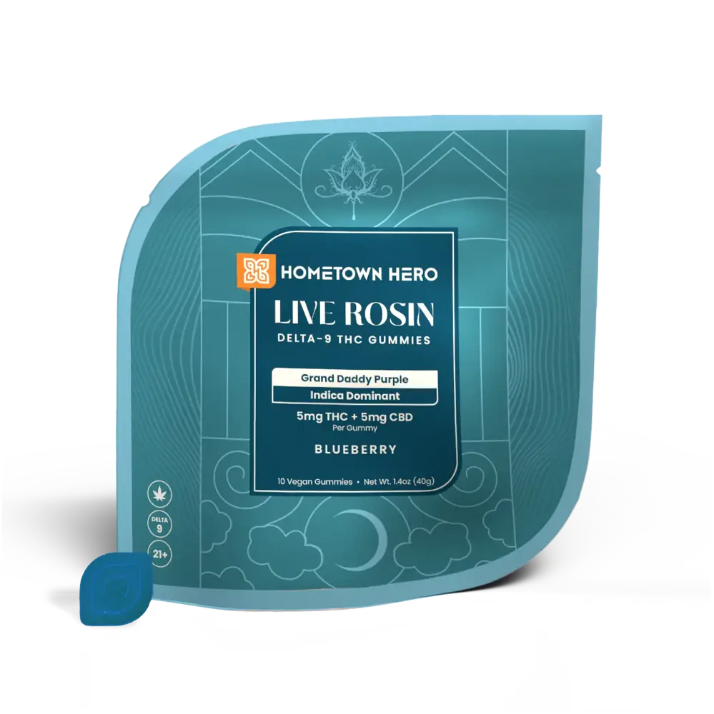 Pack of Blueberry Grand Daddy Purple Indica Live Rosin Gummies with CBD