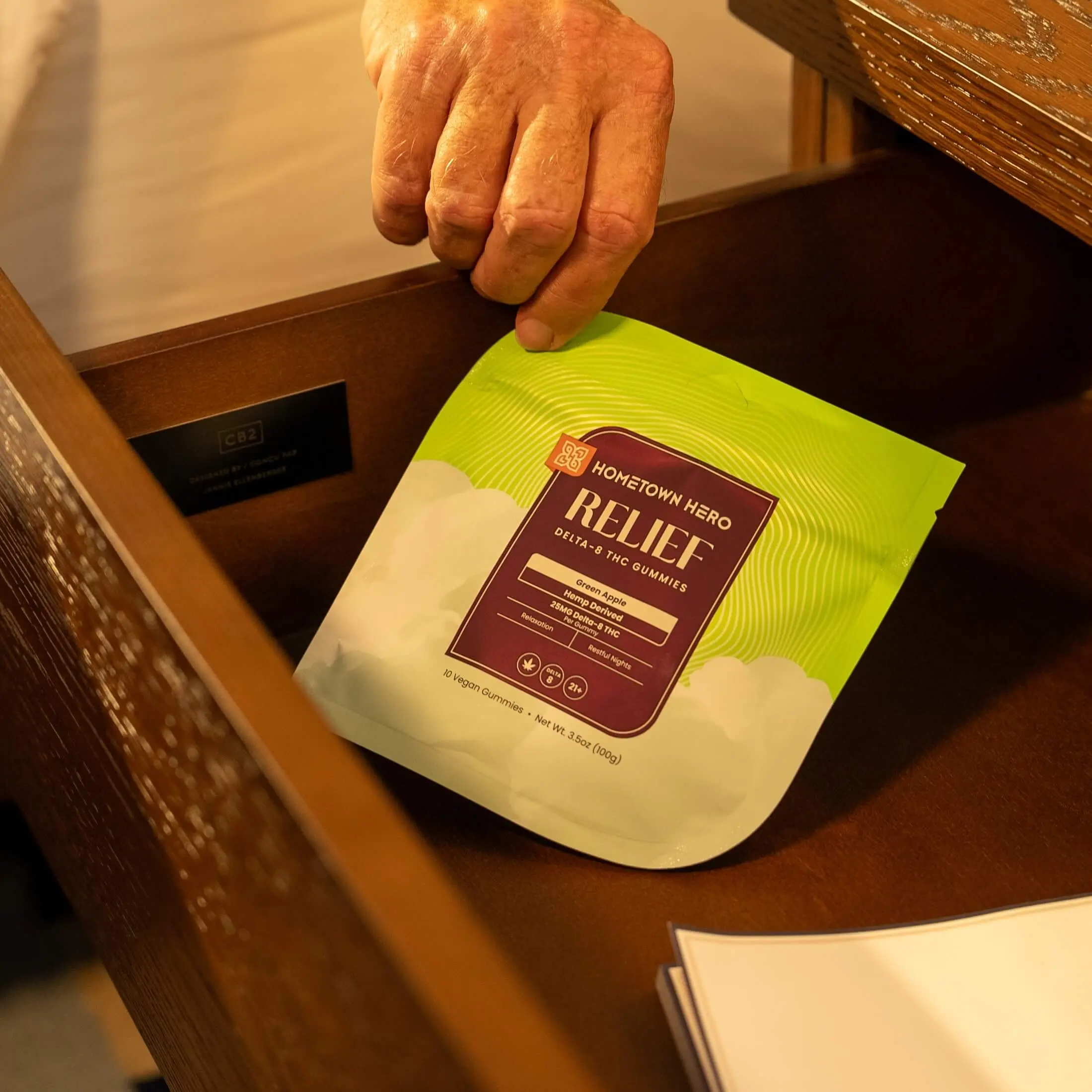 green apple relief gummies in night stand