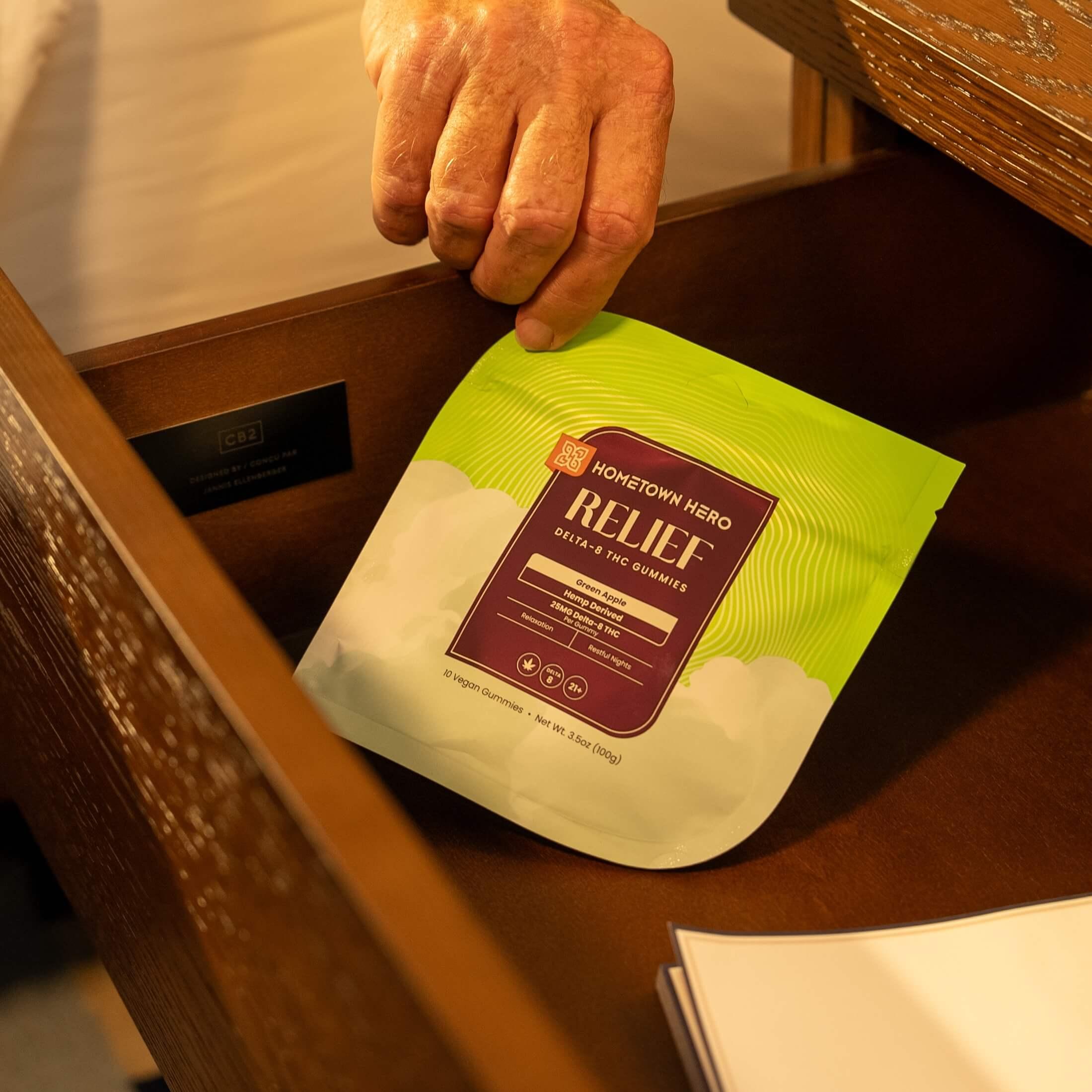 green apple relief gummies in night stand