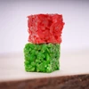 red and green rice cereal treats stacked