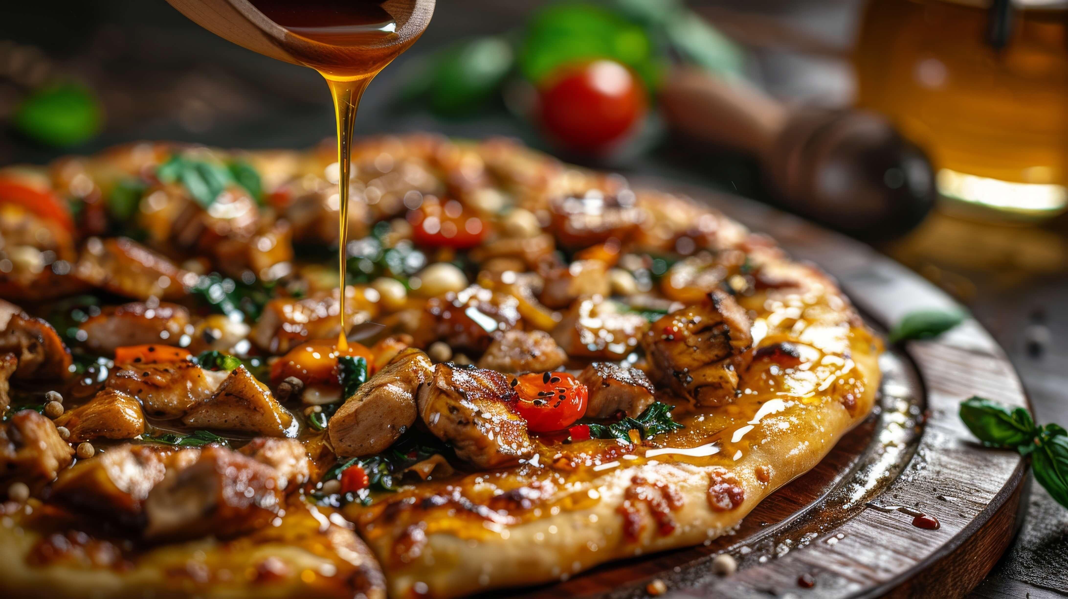 fresh pizza with agave pour on top