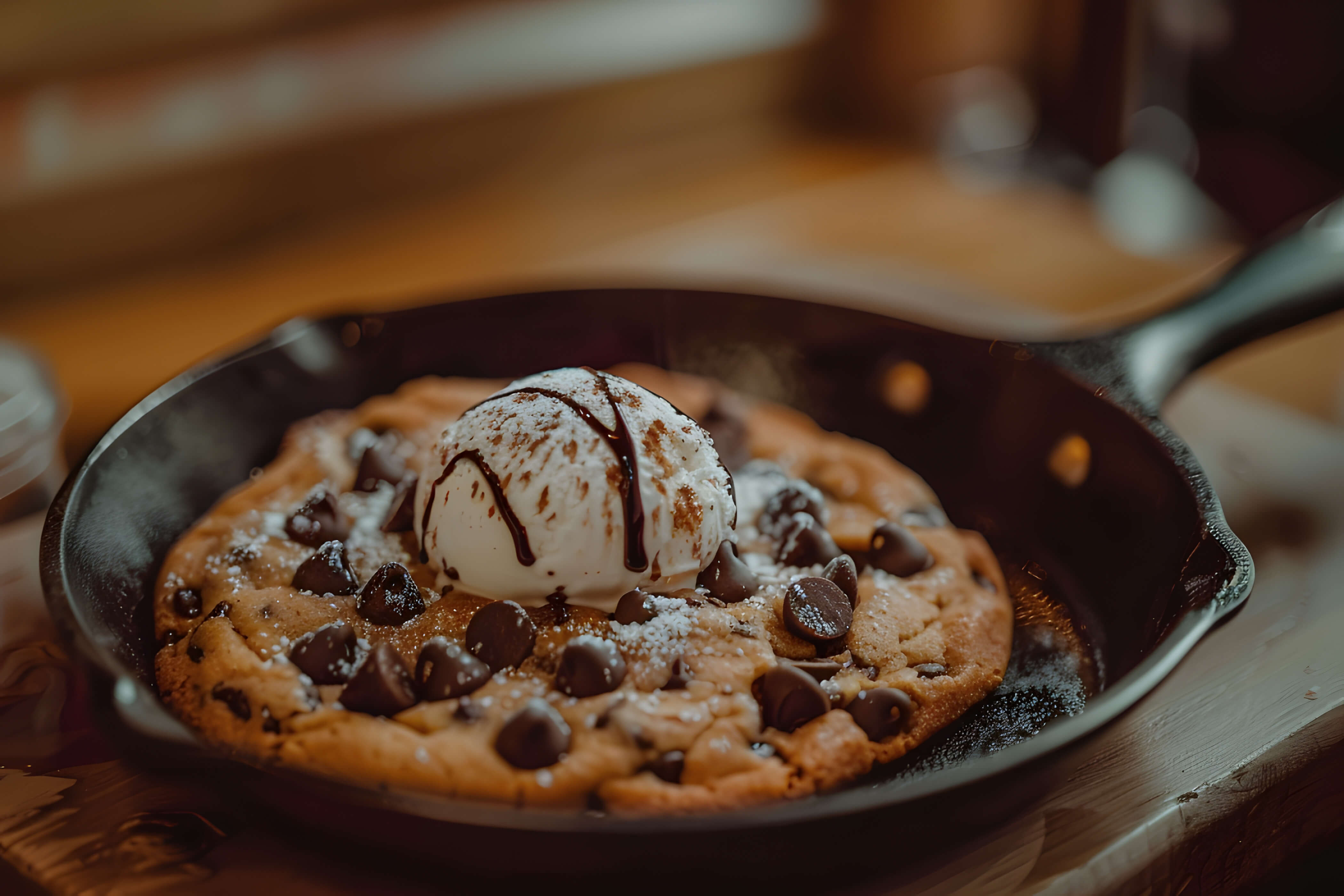 cookie in a skillet then served with a scoop of ice ceram