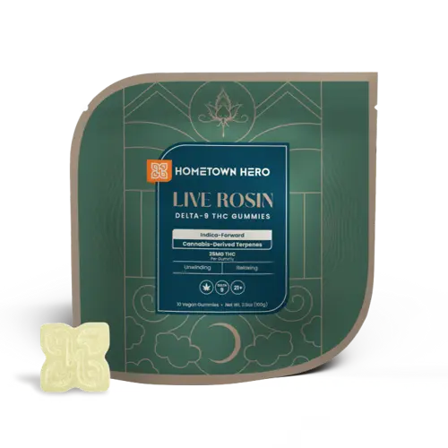 Indica Live Rosin Gummies packaging with gummy