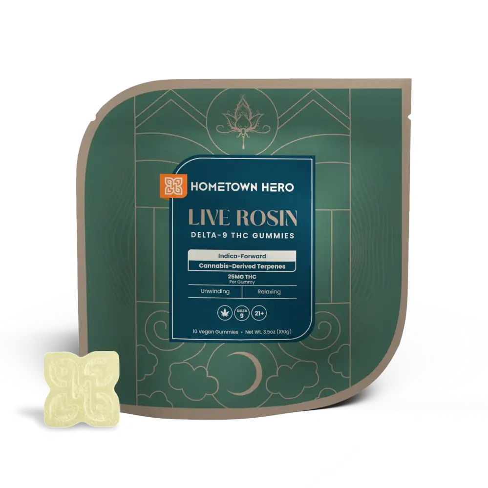 Indica Live Rosin Gummies packaging with gummy