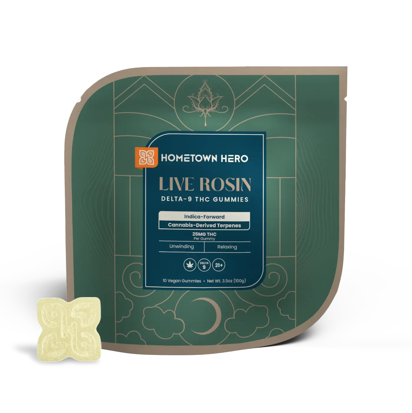 Indica Live Rosin Gummies packaging with gummy