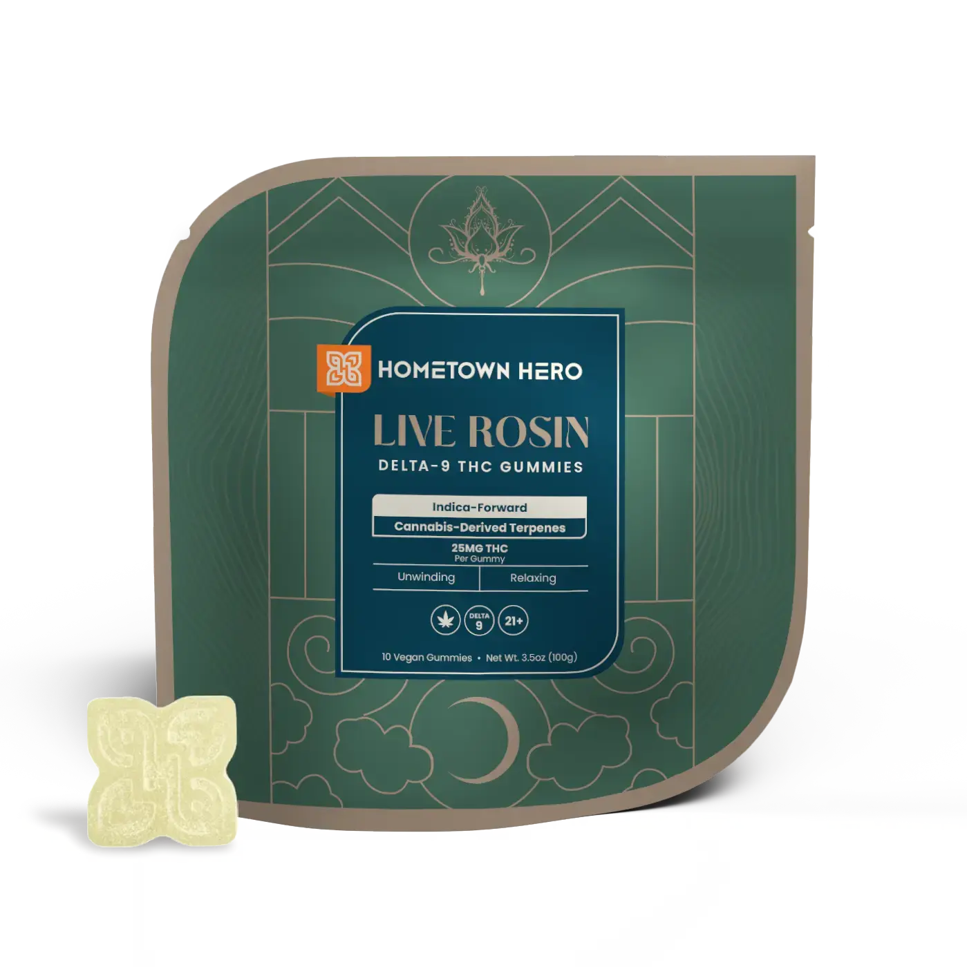 Indica Live Rosin Gummies packaging with gummy