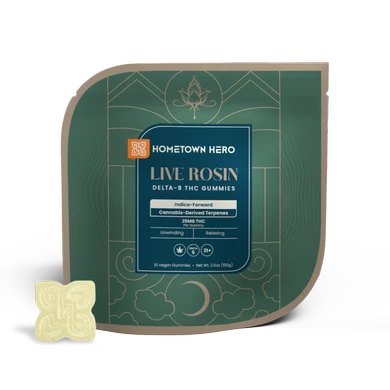 Indica Live Rosin Gummies packaging with gummy